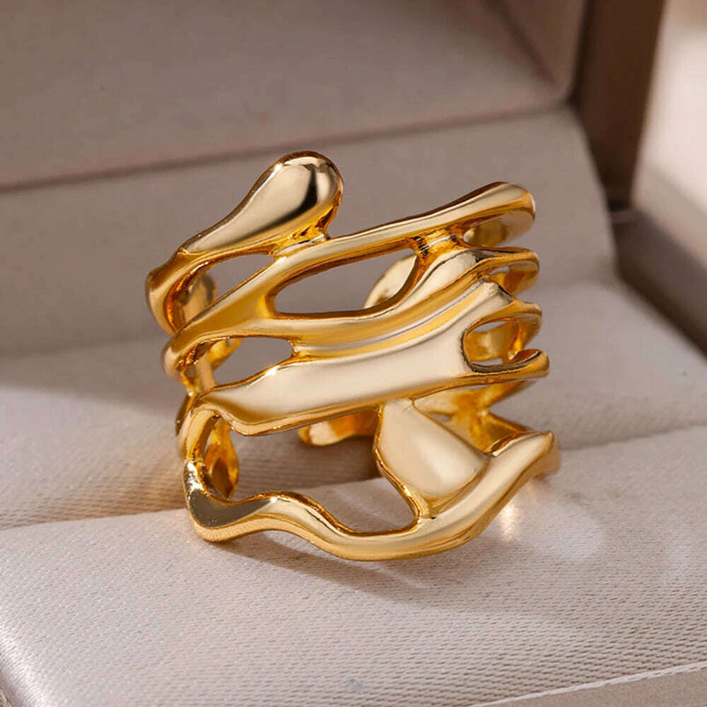 Stainless Steel Rings For Women Men Gold Color Hollow Wide Ring Female Male Engagement Wedding Party Finger Jewelry Gift Trend - KIMLUD