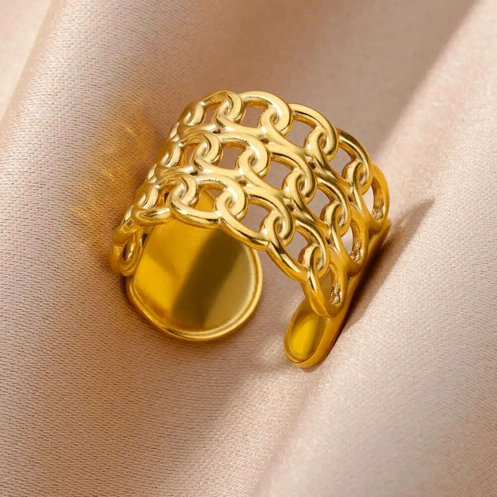 Stainless Steel Rings For Women Men Gold Color Hollow Wide Ring Female Male Engagement Wedding Party Finger Jewelry Gift Trend - KIMLUD