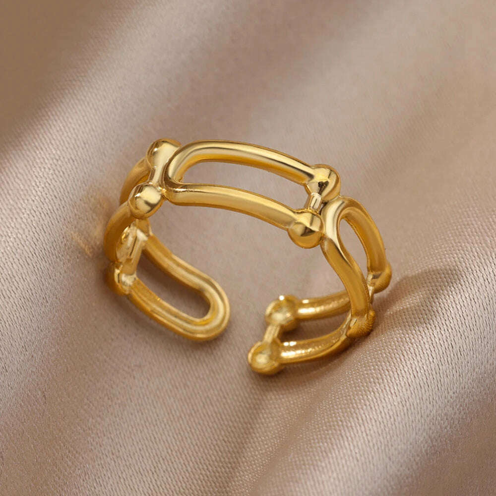 Stainless Steel Rings For Women Men Gold Color Hollow Wide Ring Female Male Engagement Wedding Party Finger Jewelry Gift Trend - KIMLUD