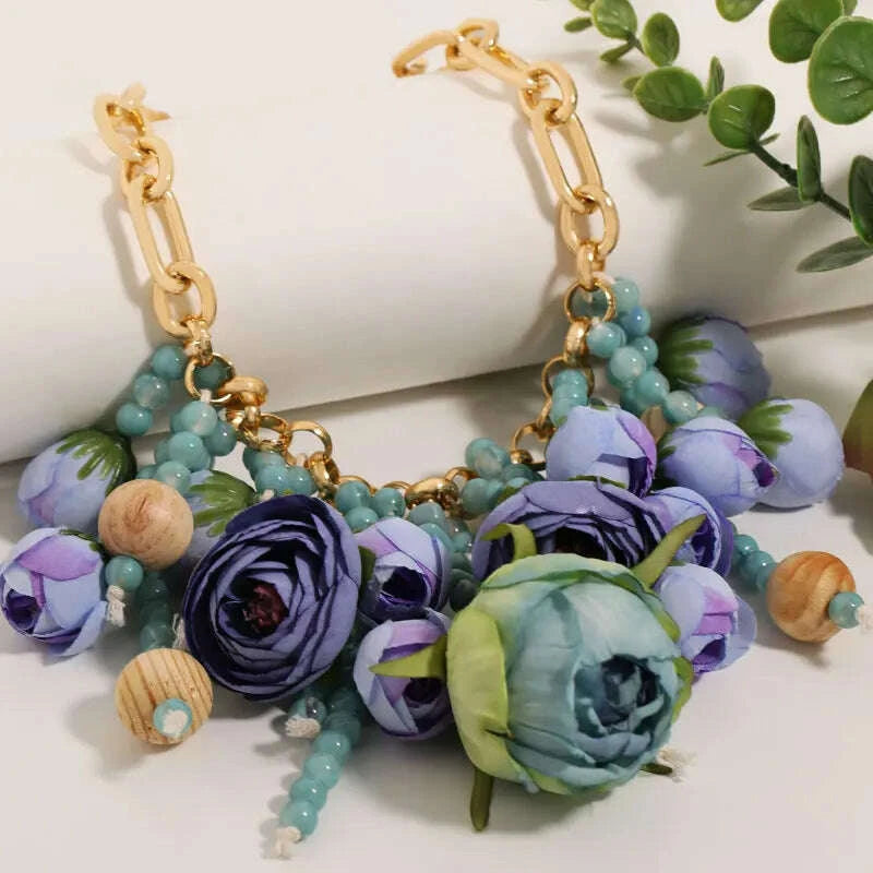 Statement Three-dimensional Rose Cluster Beads Necklace for Women Girl Wedding Party Jewelry