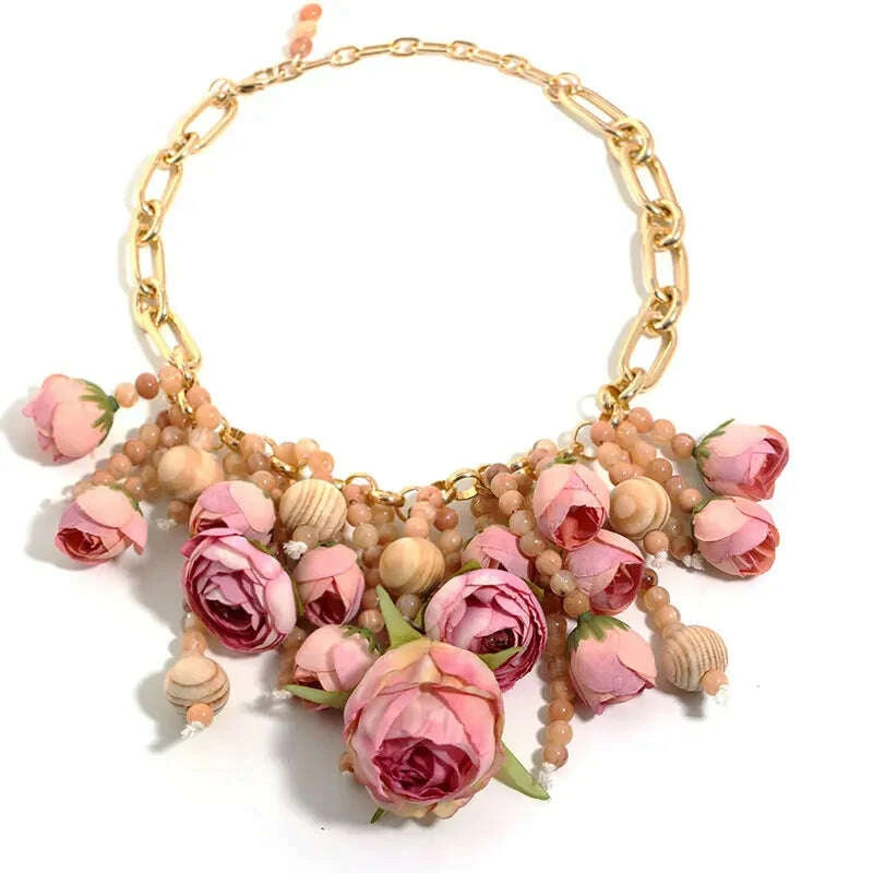 Statement Three-dimensional Rose Cluster Beads Necklace for Women Girl Wedding Party Jewelry