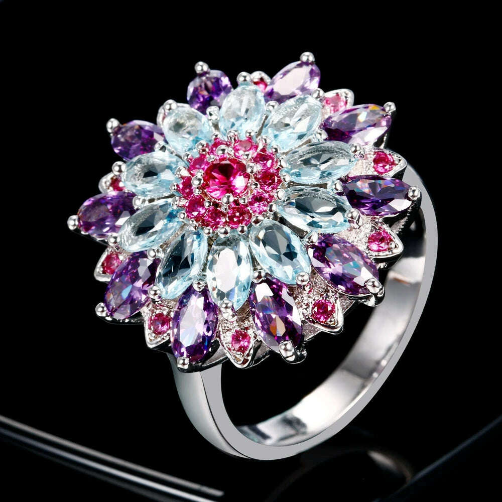 Sterling Silver 925 Multicolor Gemstone Flower Shape Top Quality New Design Jewelry Rings for Women Wedding Ring Gift - KIMLUD