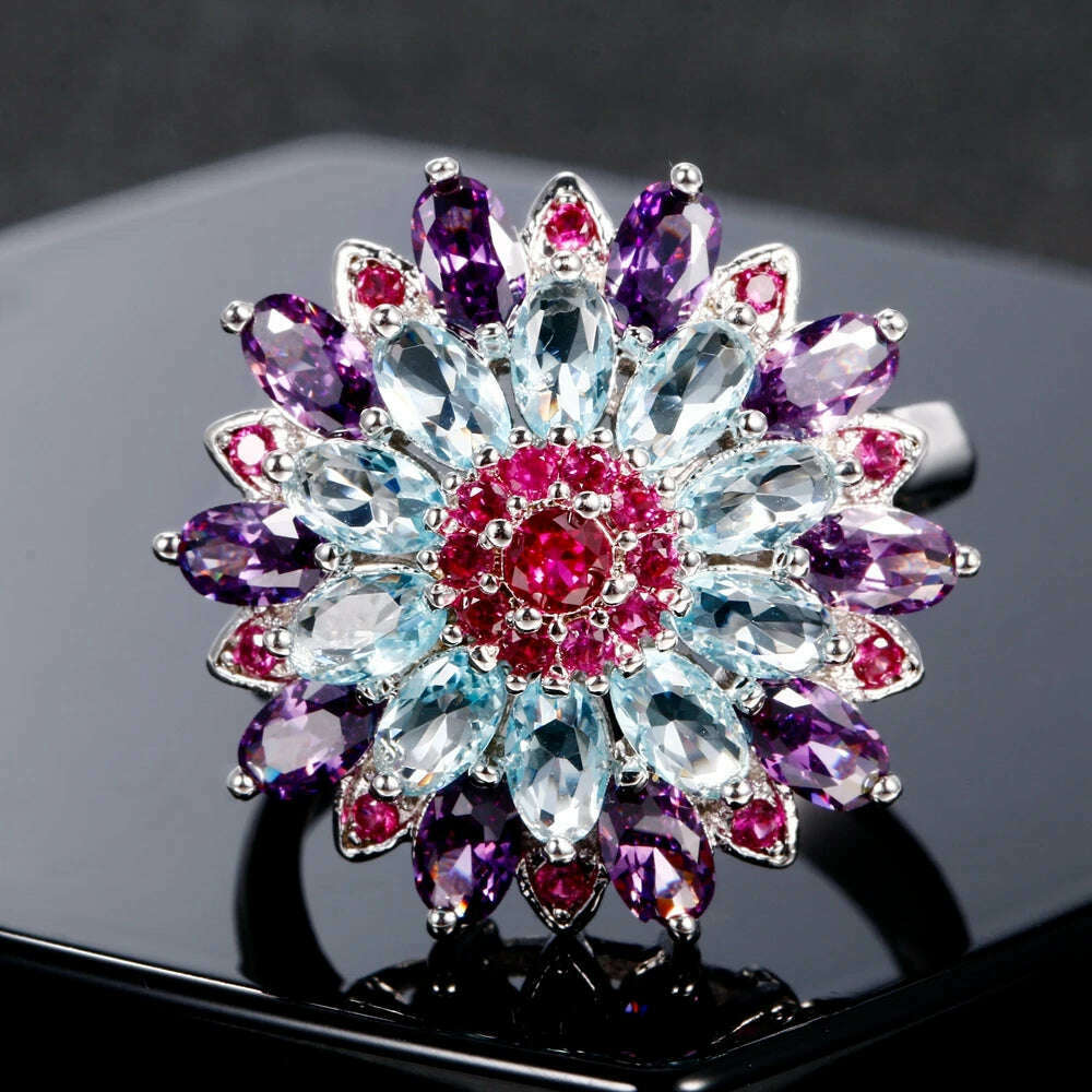 Sterling Silver 925 Multicolor Gemstone Flower Shape Top Quality New Design Jewelry Rings for Women Wedding Ring Gift - KIMLUD