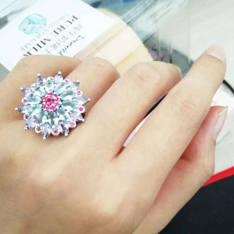 Sterling Silver 925 Multicolor Gemstone Flower Shape Top Quality New Design Jewelry Rings for Women Wedding Ring Gift - KIMLUD