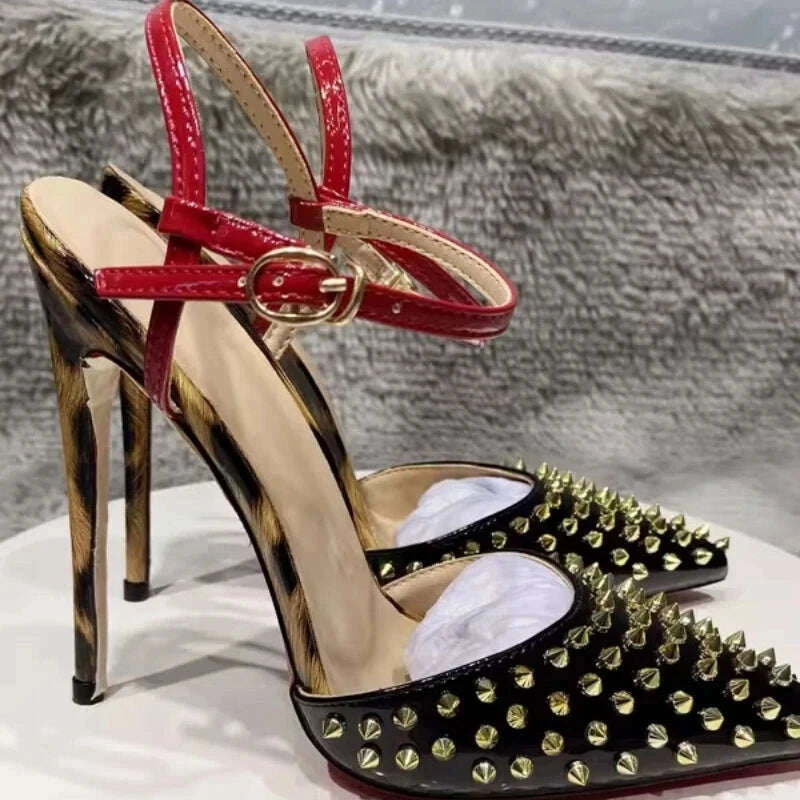 Stiletto Sandals - 12cm Heel - Pointed Toe - Leopard Print | KIMLUD