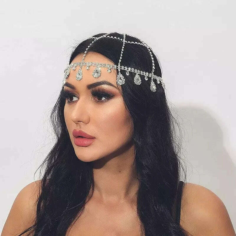 KIMLUD, Stonefans Boho Bridal Wedding Head Chain Rhinestone Hair Jewelry for Women Free shippin Oval Crystal Hair Chain Accessories Gift, KIMLUD Womens Clothes