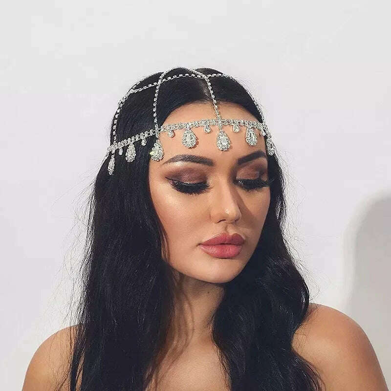 KIMLUD, Stonefans Boho Bridal Wedding Head Chain Rhinestone Hair Jewelry for Women Free shippin Oval Crystal Hair Chain Accessories Gift, KIMLUD Womens Clothes