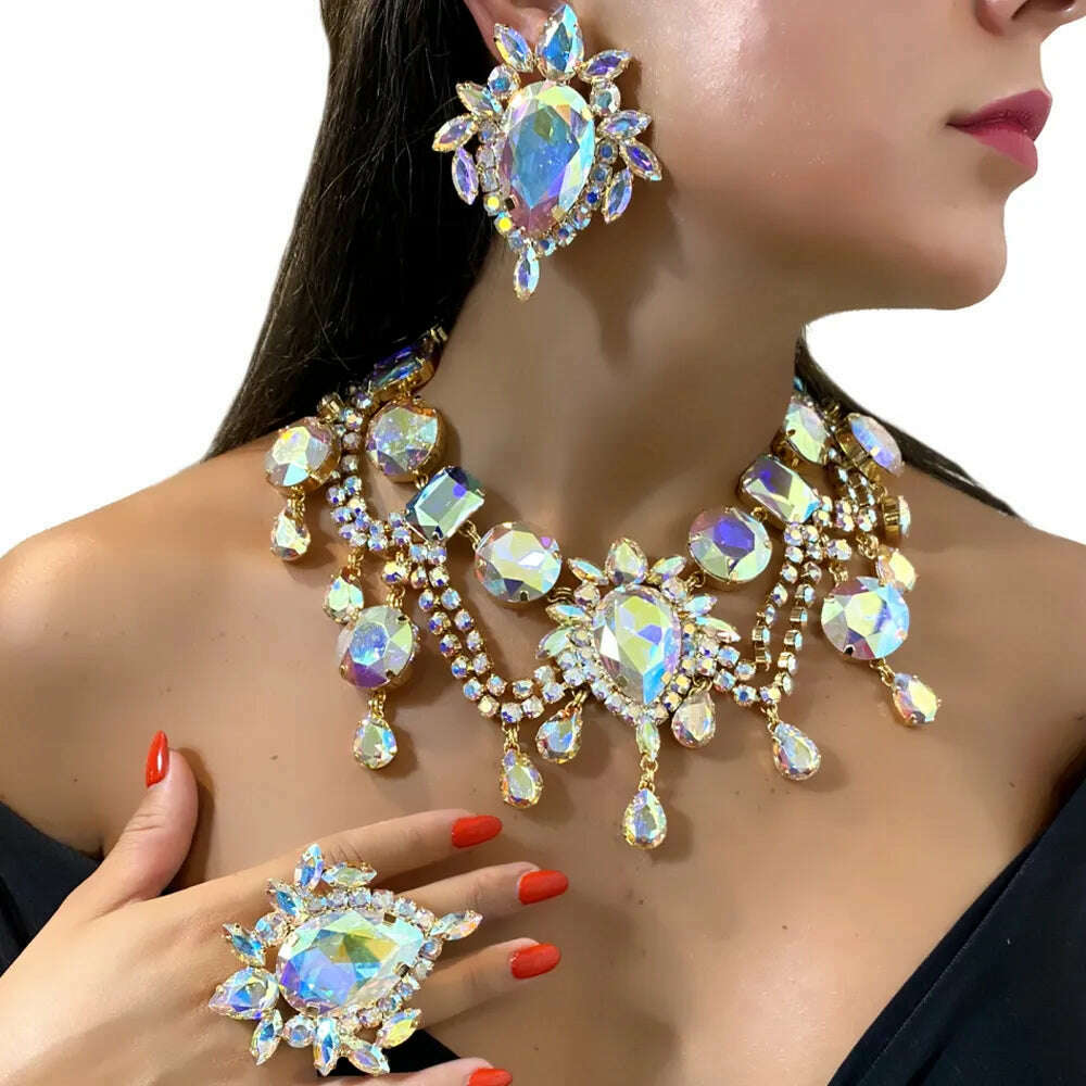 KIMLUD, Stonefans Colorful Crystal Exaggerated Jewelry Set Bridal Accessories African Wedding Large Necklace Earrings Ring Set for Women, KIMLUD Womens Clothes