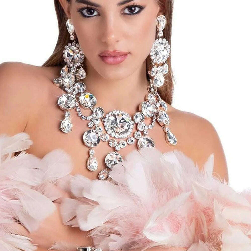 KIMLUD, Stonefans Elegant Round Crystal Necklace Earrings Set Women Decoration Exaggerated Rhinestone Bridal Jewelry Sets Wedding Gift, Set / Gold / United States, KIMLUD APPAREL - Womens Clothes