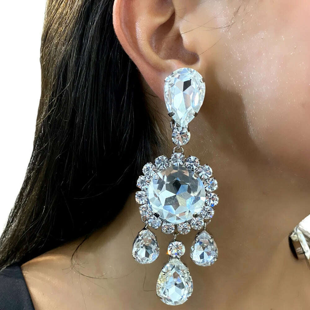 KIMLUD, Stonefans Elegant Round Crystal Necklace Earrings Set Women Decoration Exaggerated Rhinestone Bridal Jewelry Sets Wedding Gift, KIMLUD Womens Clothes