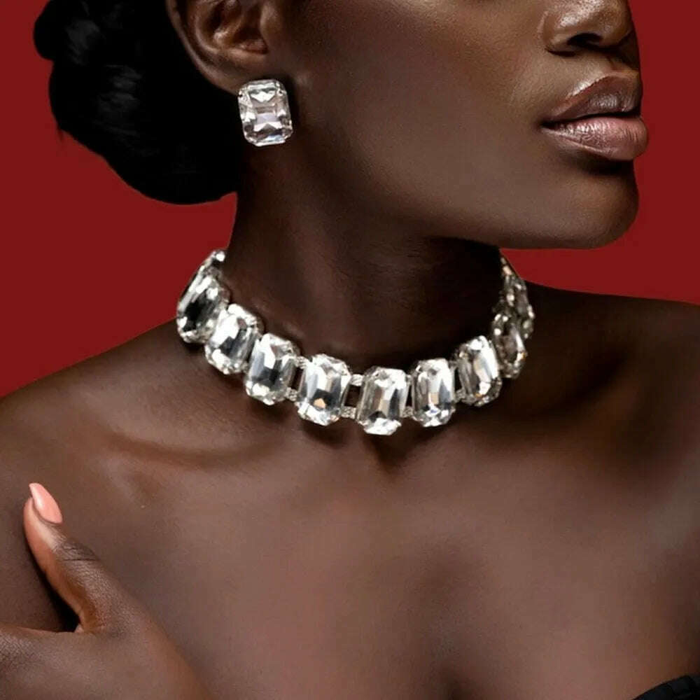 KIMLUD, Stonefans Exaggerated Square Rhinestone Choker Necklace Set Trend 2023 Big Crystal Stud Earrings Women Jewelry Set, KIMLUD Womens Clothes