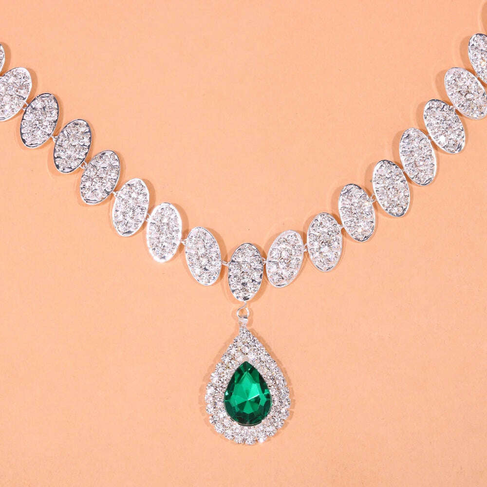 KIMLUD, Stonefans Exquisite Round Crystal Necklace Set Wedding for Women Green Water Drop Rhinestone African Jewelry Set Bridal Gifts, KIMLUD Womens Clothes