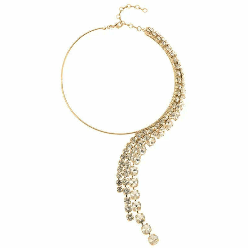 KIMLUD, Stonefans Fashion Exaggerate Tassel Necklace for Women Choker Wedding Jewelry Rhinestone Crystal Round Collar Torques Necklace, Gold Necklace, KIMLUD APPAREL - Womens Clothes