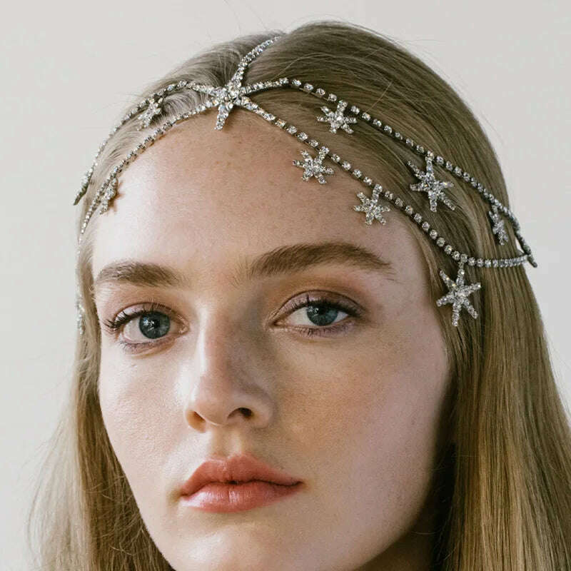 Stonefans Multi Layer Rhinestone Star Head Chain Jewelry for Women Bohomian Stars Forehead Chain Headband Wedding Hair Jewelry - KIMLUD