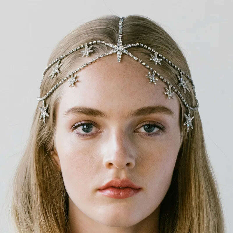 Stonefans Multi Layer Rhinestone Star Head Chain Jewelry for Women Bohomian Stars Forehead Chain Headband Wedding Hair Jewelry - KIMLUD