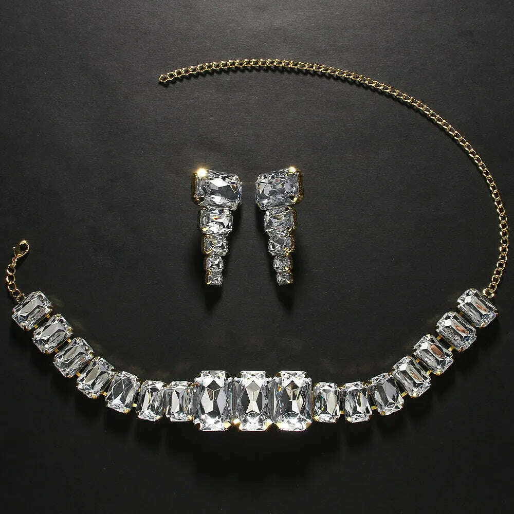 KIMLUD, Stonefans Square Crystal Necklace and Earrings Sets Wedding Gifts Fashion Rhinestone Dubai Bridal Jewelry Set Choker Accessories, Gold-color / CHINA, KIMLUD APPAREL - Womens Clothes