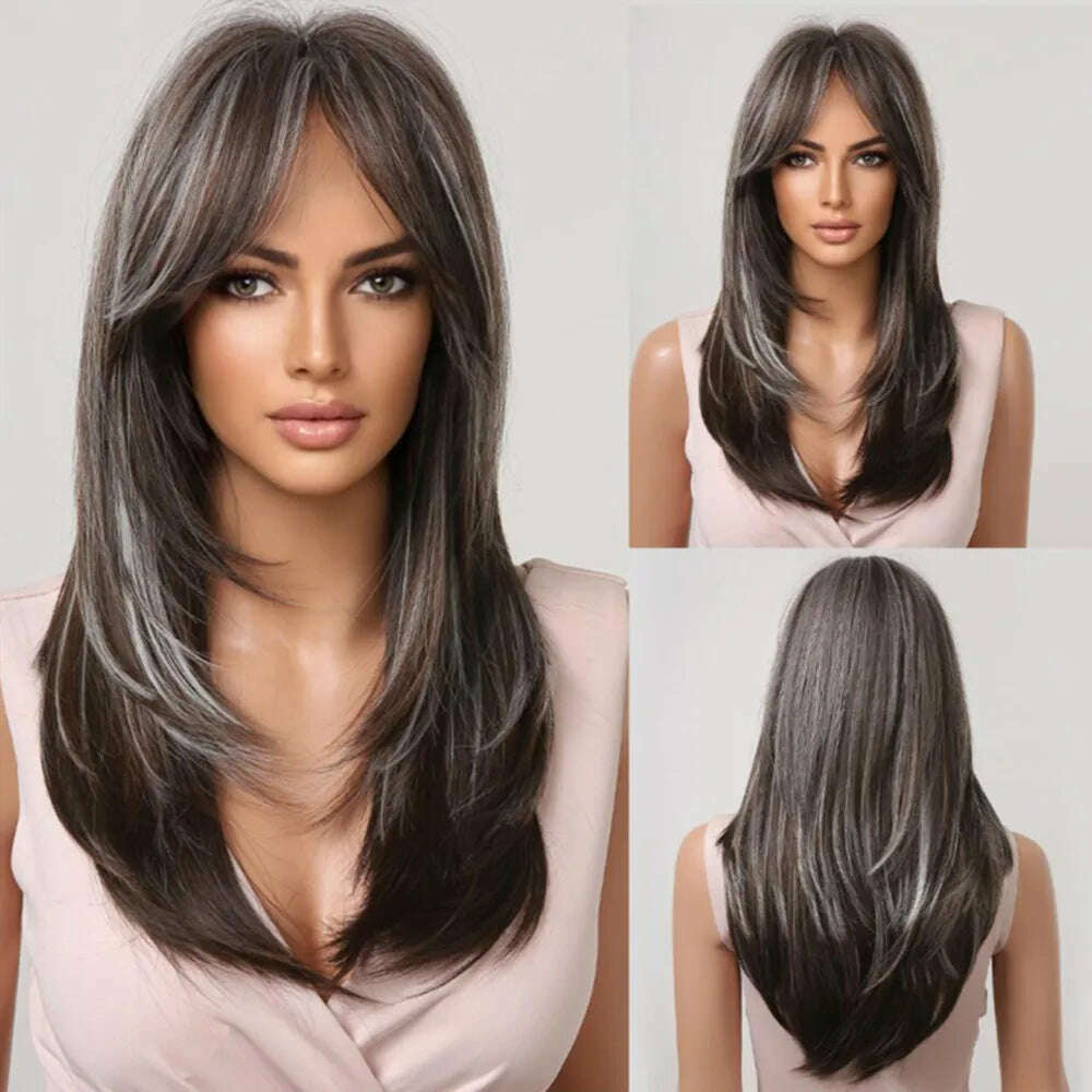 KIMLUD, Straight Layered Long Wigs with Bangs Ombre Brown Silky Synthetic Hair for Women Natural Daily Party Wigs High Temperature Fiber, LC259-10, KIMLUD APPAREL - Womens Clothes