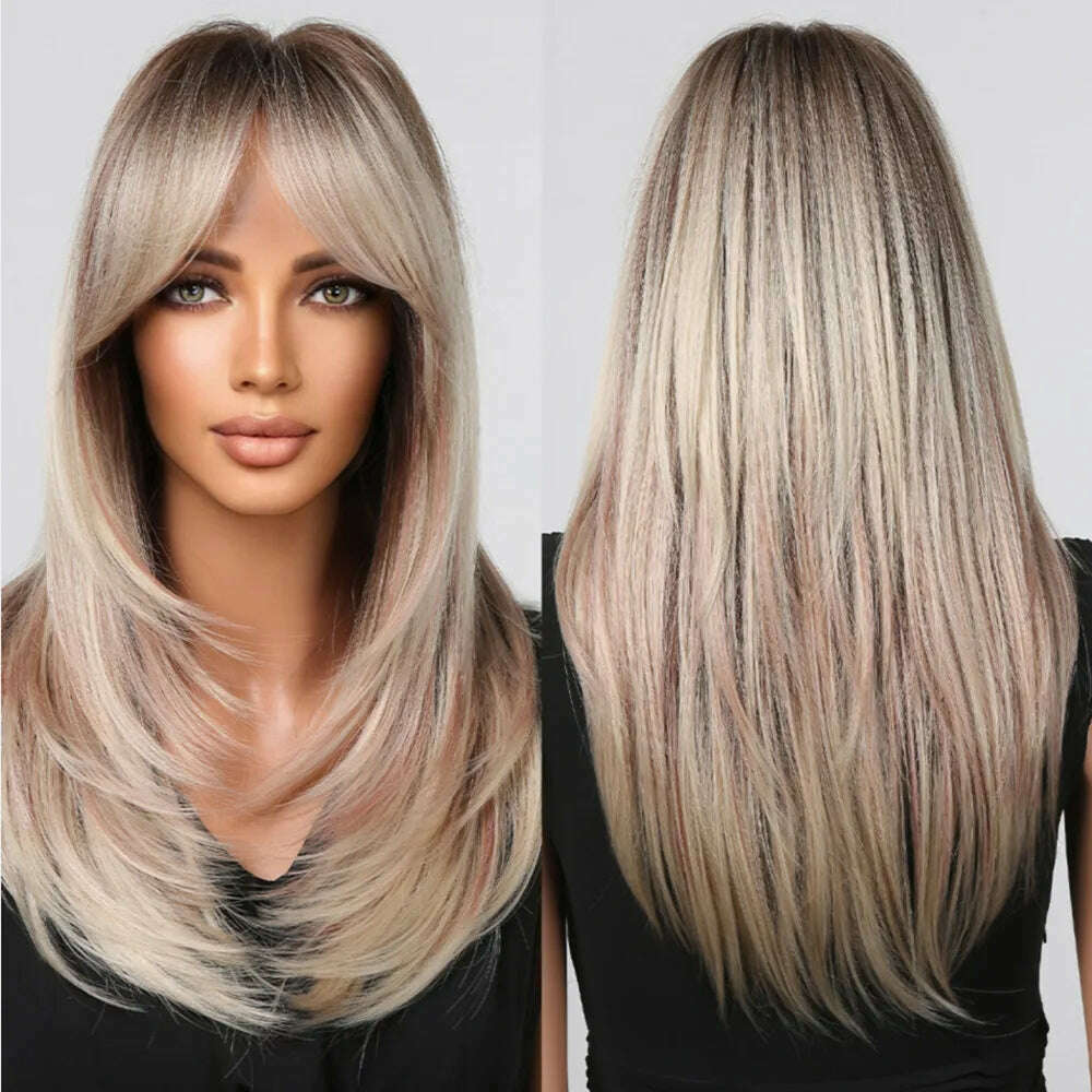 KIMLUD, Straight Layered Long Wigs with Bangs Ombre Brown Silky Synthetic Hair for Women Natural Daily Party Wigs High Temperature Fiber, LC2068-12, KIMLUD APPAREL - Womens Clothes