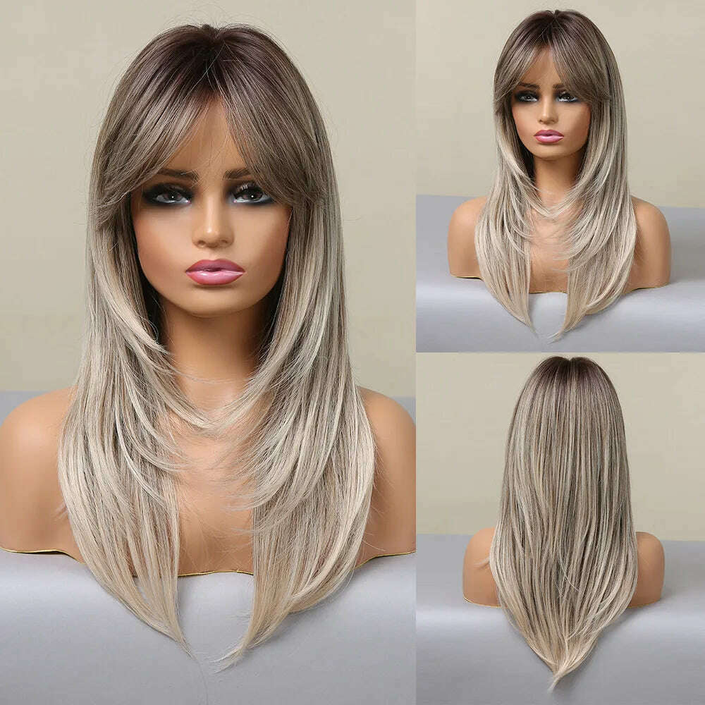 KIMLUD, Straight Layered Long Wigs with Bangs Ombre Brown Silky Synthetic Hair for Women Natural Daily Party Wigs High Temperature Fiber, LC051-1, KIMLUD APPAREL - Womens Clothes