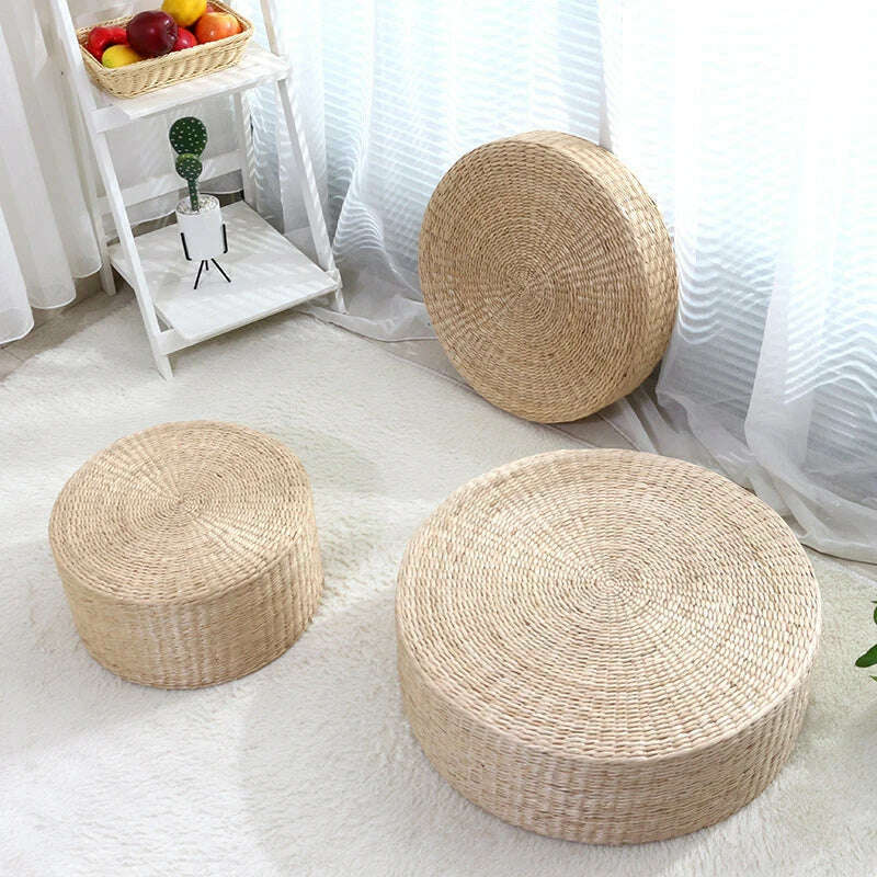 Straw Pouf Seat Mat Meditation Ottoman Home Decor Cushion Buckwheat Floor Seat Cushion Rustic Floor Cushion - KIMLUD