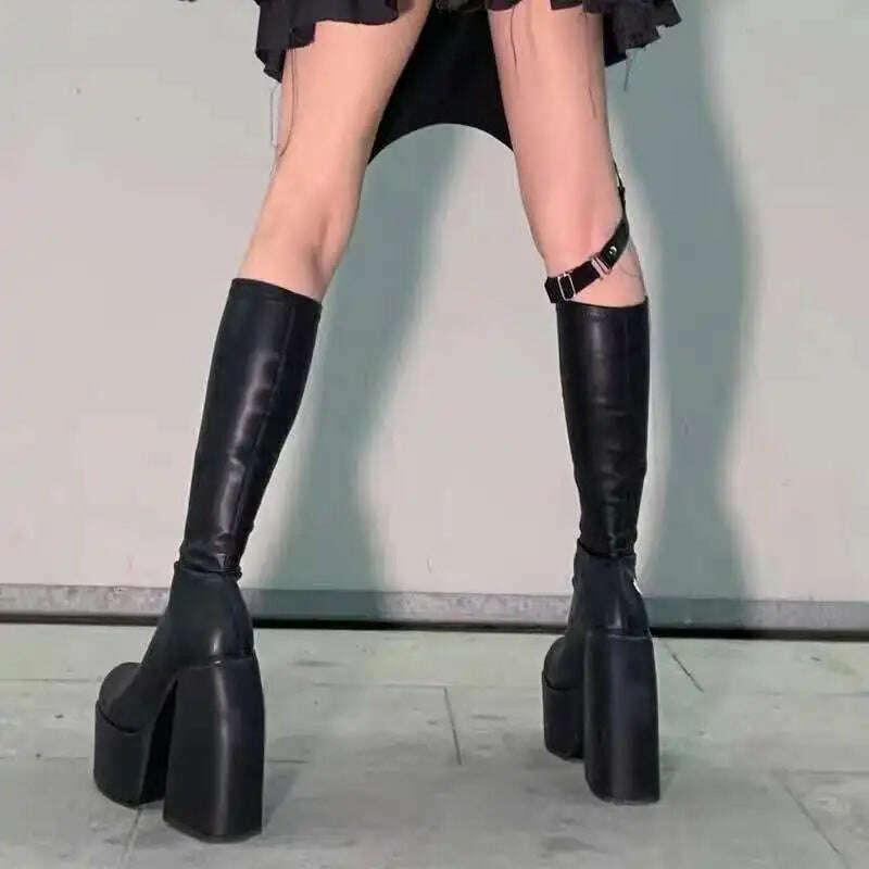 KIMLUD, Street Sexy Style Women's High Heels Thick Bottom Knight Boots Women Soft Leather Stretch Boots Fashion Platform Female Shoes, KIMLUD Womens Clothes
