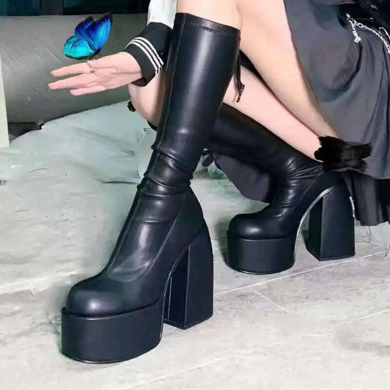 KIMLUD, Street Sexy Style Women's High Heels Thick Bottom Knight Boots Women Soft Leather Stretch Boots Fashion Platform Female Shoes, mid-calf black / 35, KIMLUD APPAREL - Womens Clothes