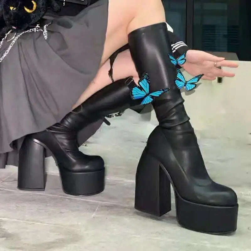 KIMLUD, Street Sexy Style Women's High Heels Thick Bottom Knight Boots Women Soft Leather Stretch Boots Fashion Platform Female Shoes, KIMLUD Womens Clothes