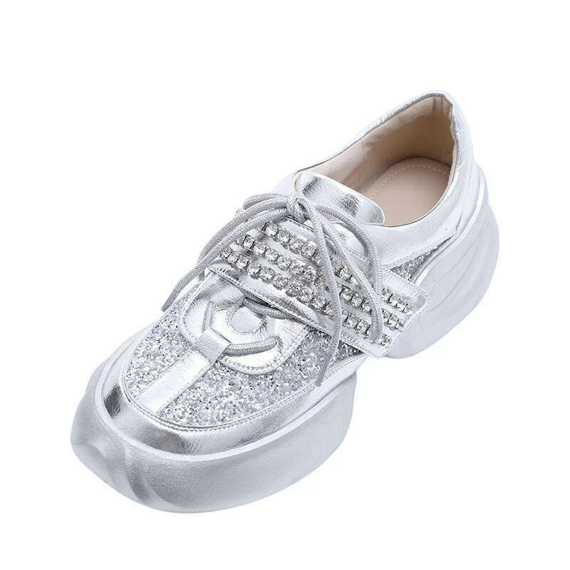 KIMLUD, Street Style Casual Women&#39;s Chunky  Sneakers Shiny Sequin Rhinestones Platform Sports Walking New Designs Comfy Vulcanized Shoes, Sliver / 34 / China, KIMLUD Womens Clothes