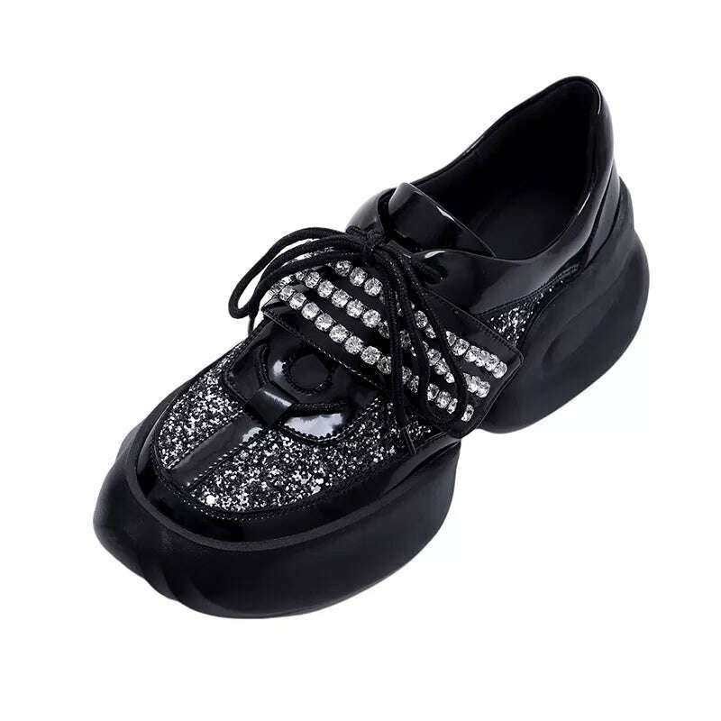 KIMLUD, Street Style Casual Women&#39;s Chunky  Sneakers Shiny Sequin Rhinestones Platform Sports Walking New Designs Comfy Vulcanized Shoes, Black / 34 / China, KIMLUD Womens Clothes