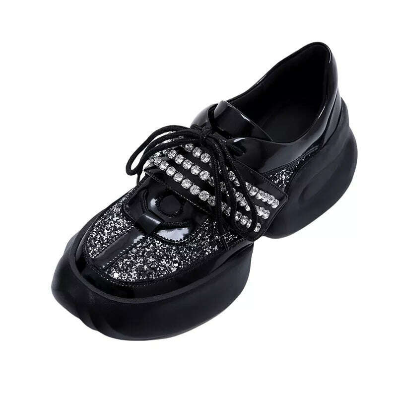 KIMLUD, Street Style Casual Women's Chunky Sneakers Shiny Sequin Rhinestones Platform Sports Walking New Designs Comfy Vulcanized Shoes, Black / 34 / China, KIMLUD APPAREL - Womens Clothes
