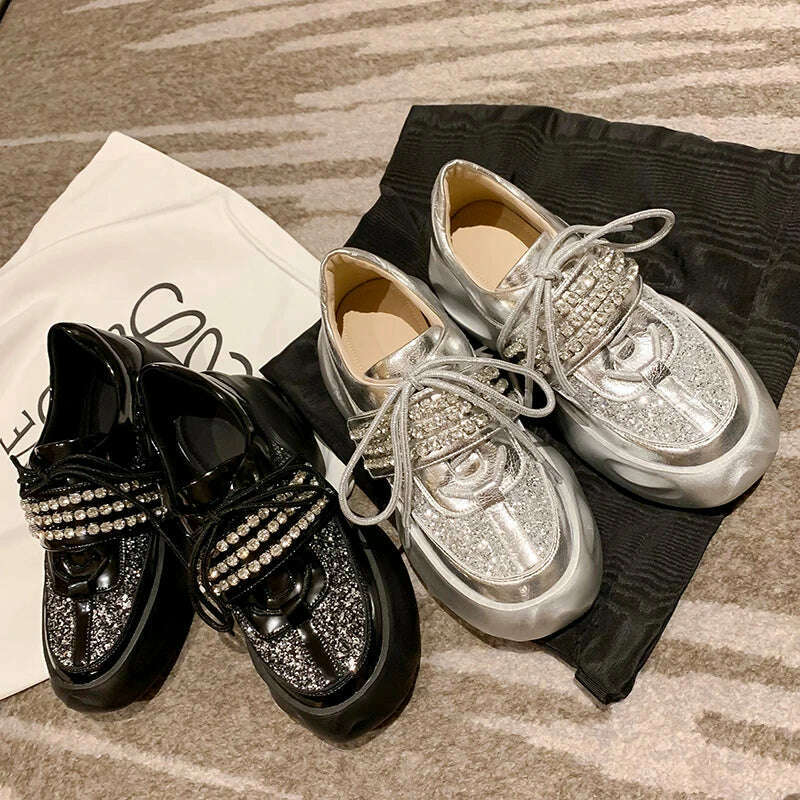 KIMLUD, Street Style Casual Women's Chunky Sneakers Shiny Sequin Rhinestones Platform Sports Walking New Designs Comfy Vulcanized Shoes, KIMLUD Womens Clothes