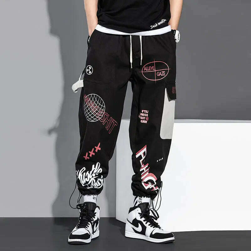 Streetwear Men Joggers Sweatpants Print Black White Cargo Pants Techwear Harem Pants Ankle length Trousers Sport Casual Running - KIMLUD