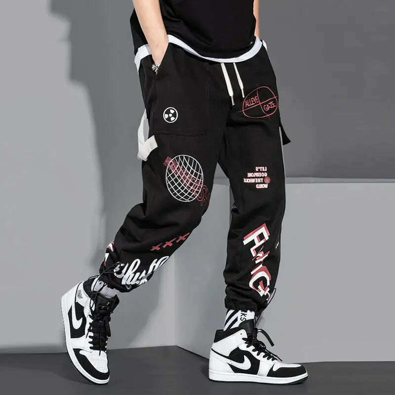 Streetwear Men Joggers Sweatpants Print Black White Cargo Pants Techwear Harem Pants Ankle length Trousers Sport Casual Running - KIMLUD