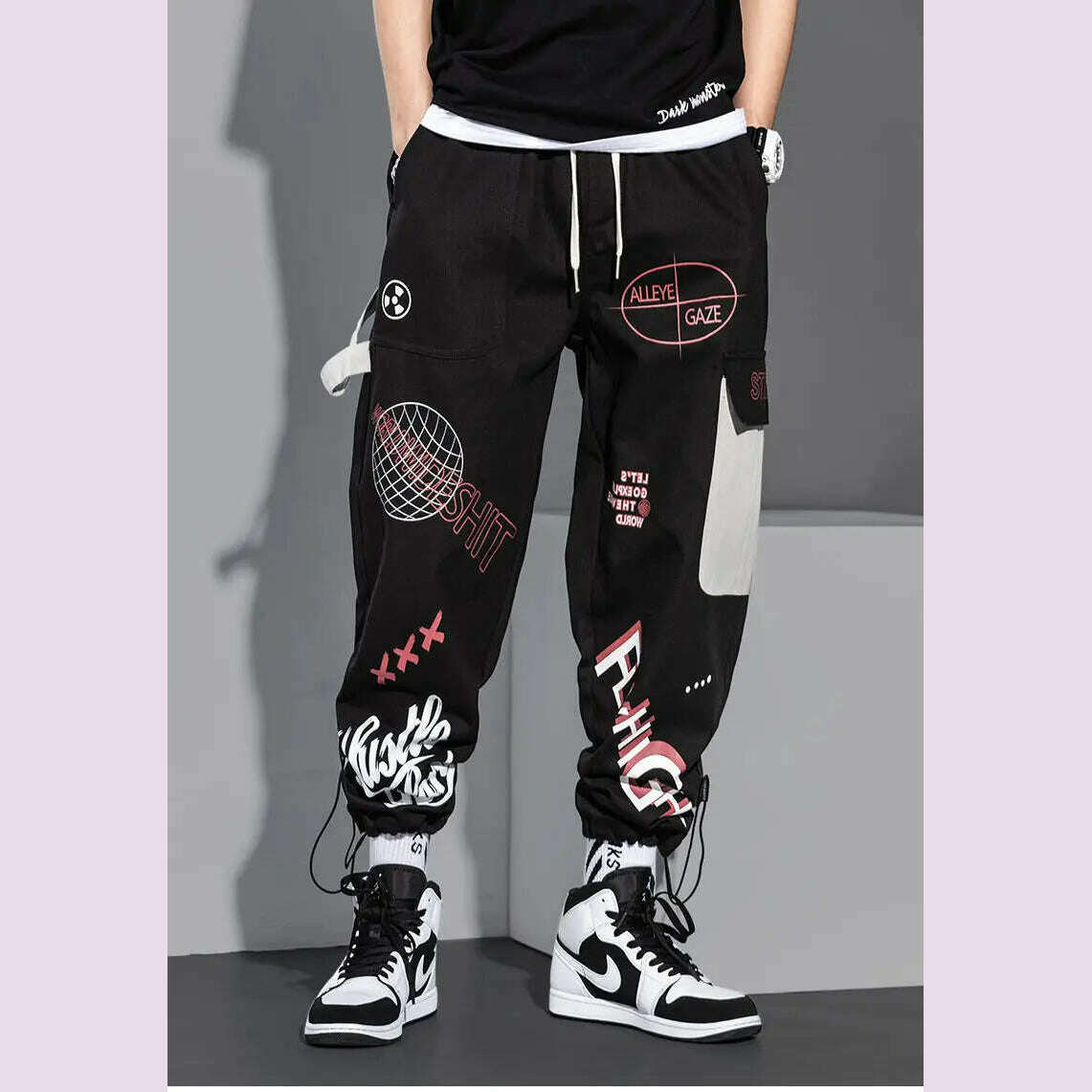 Streetwear Men Joggers Sweatpants Print Black White Cargo Pants Techwear Harem Pants Ankle length Trousers Sport Casual Running - KIMLUD
