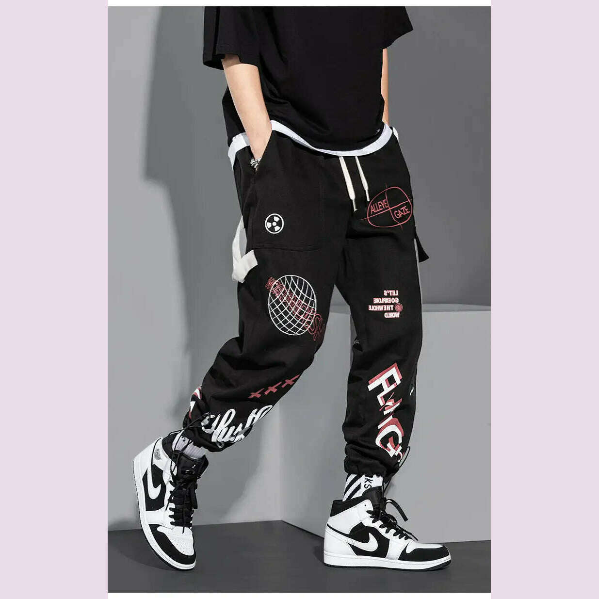 Streetwear Men Joggers Sweatpants Print Black White Cargo Pants Techwear Harem Pants Ankle length Trousers Sport Casual Running - KIMLUD