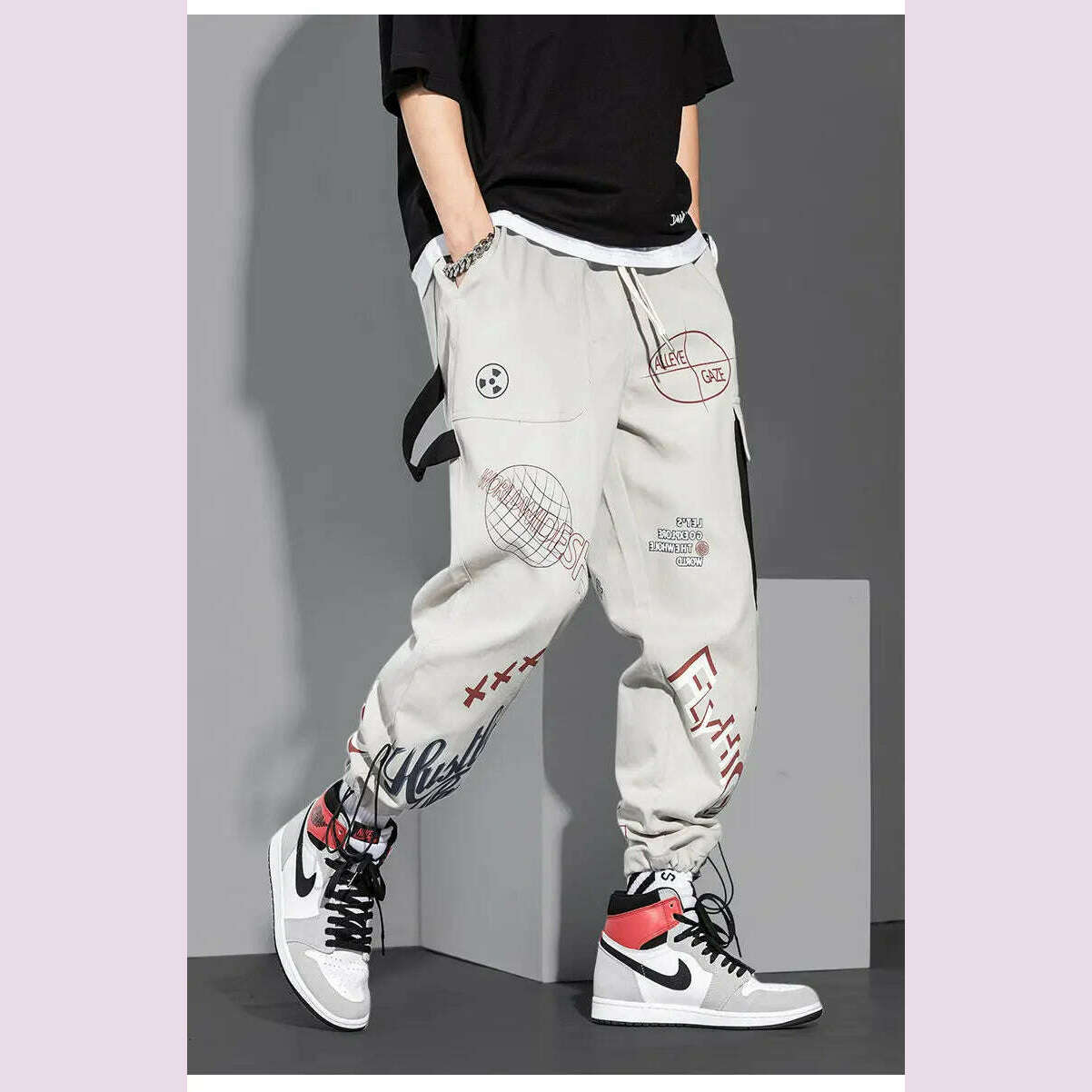 Streetwear Men Joggers Sweatpants Print Black White Cargo Pants Techwear Harem Pants Ankle length Trousers Sport Casual Running - KIMLUD