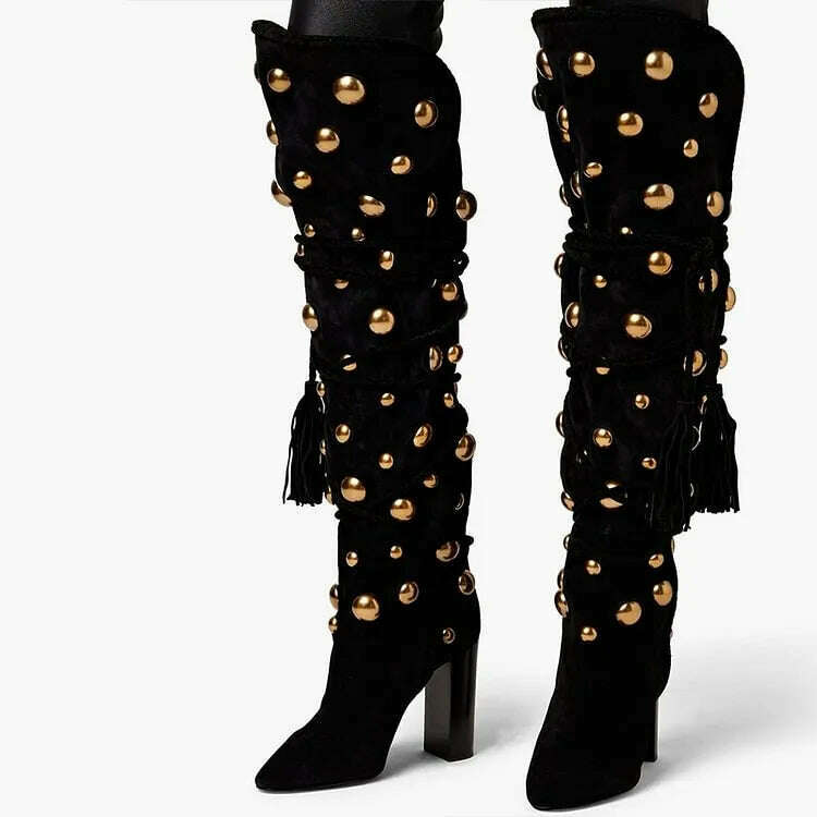 KIMLUD, Studs Knee Boots Black Pointed Toe Velvet Shoes Women's Chunky Heel Tassel Fringe Metal Ball Cool Girl Punk Women Winter Boots, KIMLUD Womens Clothes