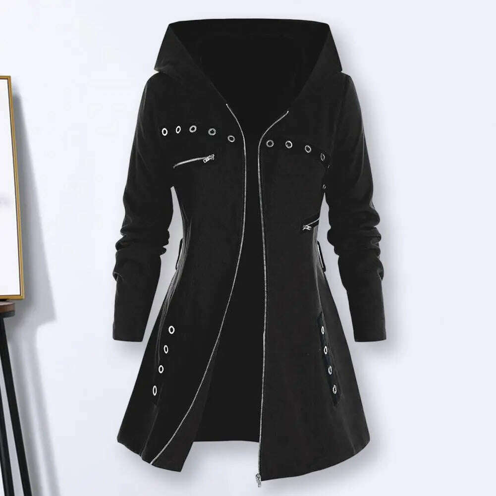 KIMLUD, Stylish Coat Gothic Women Winter Coat Pocket Punk Style A-line Autumn Coat  Thermal, KIMLUD Womens Clothes