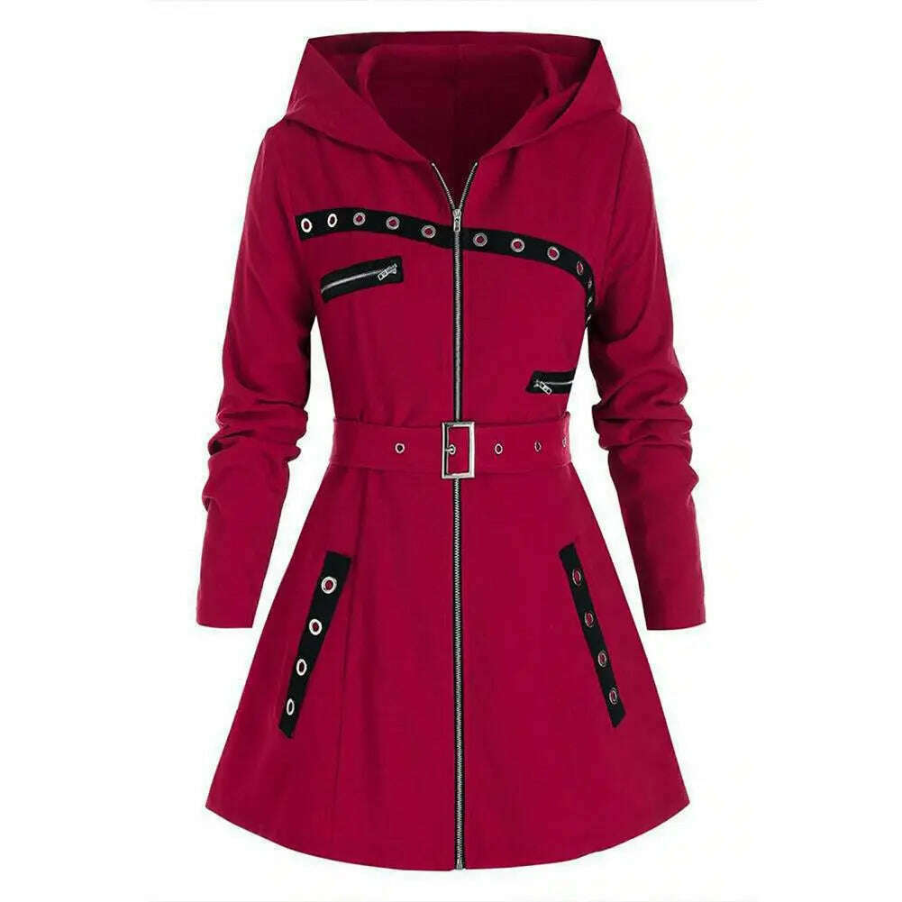 KIMLUD, Stylish Coat Gothic Women Winter Coat Pocket Punk Style A-line Autumn Coat Thermal, KIMLUD Womens ClothesKIMLUD, Stylish Coat Gothic Women Winter Coat Pocket Punk Style A-line Autumn Coat Thermal, Red / L, KIMLUD APPAREL - Womens Clothes