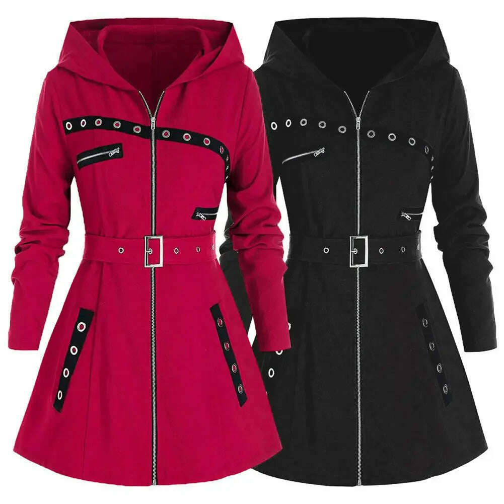 KIMLUD, Stylish Coat Gothic Women Winter Coat Pocket Punk Style A-line Autumn Coat Thermal, KIMLUD Womens Clothes