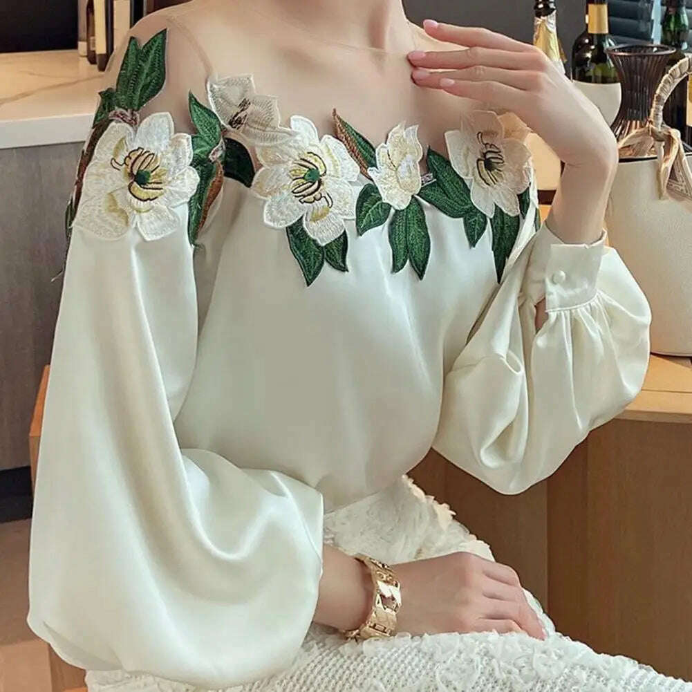 Stylish Long Sleeve Blouse Stylish Women's Satin Embroidered Gauze Shirt Breathable Comfortable Elegant Lady's Top Polyester - KIMLUD
