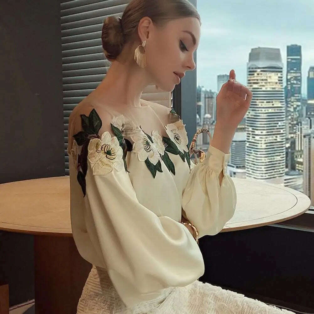 Stylish Long Sleeve Blouse Stylish Women's Satin Embroidered Gauze Shirt Breathable Comfortable Elegant Lady's Top Polyester - KIMLUD