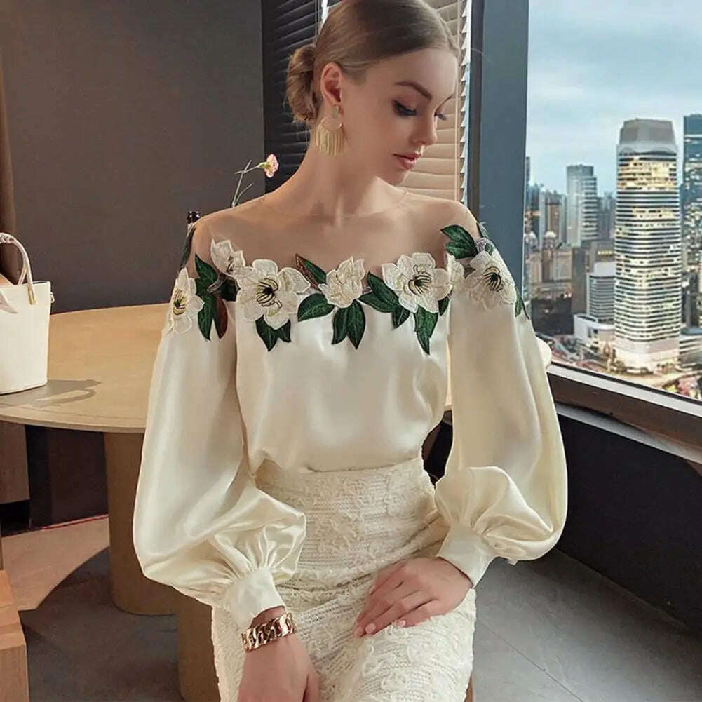 Stylish Long Sleeve Blouse Stylish Women's Satin Embroidered Gauze Shirt Breathable Comfortable Elegant Lady's Top Polyester - KIMLUD