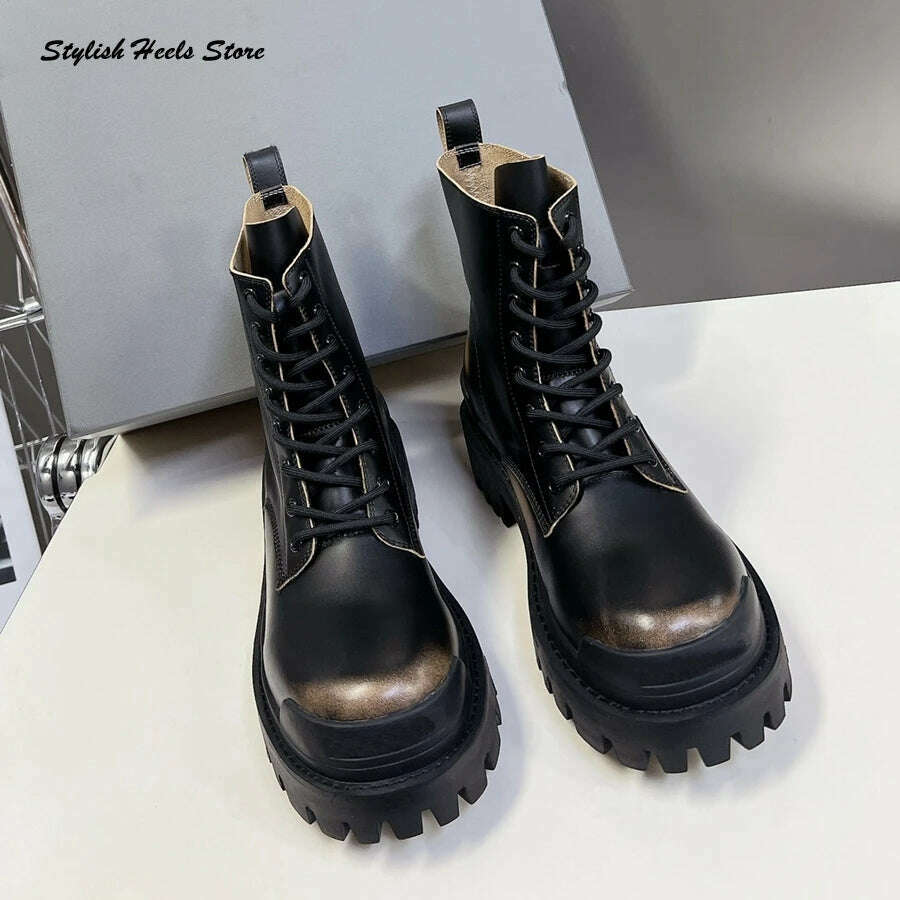 KIMLUD, Stylish Thick-toothed Rubber Sole Lace Up Booties Retro Round Toe Ankle Boots for Lovers Fashion Women Men Luxury Modern Boots, KIMLUD Womens Clothes