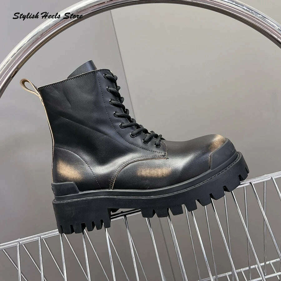 KIMLUD, Stylish Thick-toothed Rubber Sole Lace Up Booties Retro Round Toe Ankle Boots for Lovers Fashion Women Men Luxury Modern Boots, Men-Brown / 40, KIMLUD APPAREL - Womens Clothes