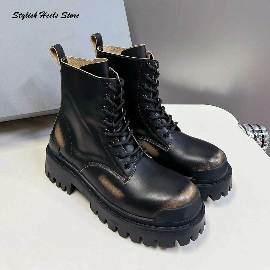 KIMLUD, Stylish Thick-toothed Rubber Sole Lace Up Booties Retro Round Toe Ankle Boots for Lovers Fashion Women Men Luxury Modern Boots, Women-Brown / 41, KIMLUD APPAREL - Womens Clothes