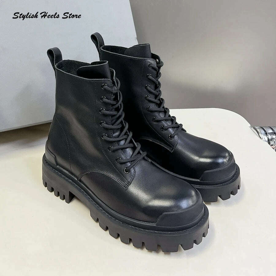 KIMLUD, Stylish Thick-toothed Rubber Sole Lace Up Booties Retro Round Toe Ankle Boots for Lovers Fashion Women Men Luxury Modern Boots, Men-Black / 35, KIMLUD APPAREL - Womens Clothes