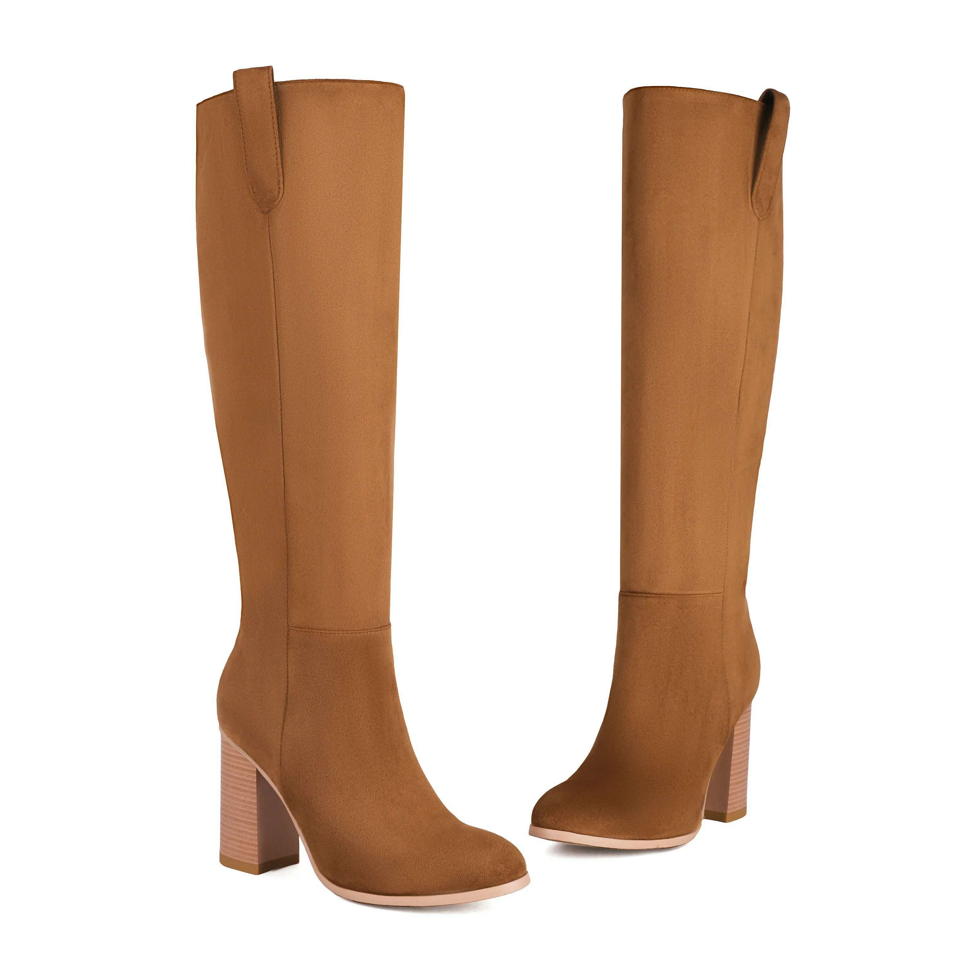 KIMLUD, Suede Leather Nubuck Round Toe Knee High Women Boots High Heels Solid Color Slip On Fashion Concise Elegant Western Female Shoes, Brown / 35, KIMLUD APPAREL - Womens Clothes
