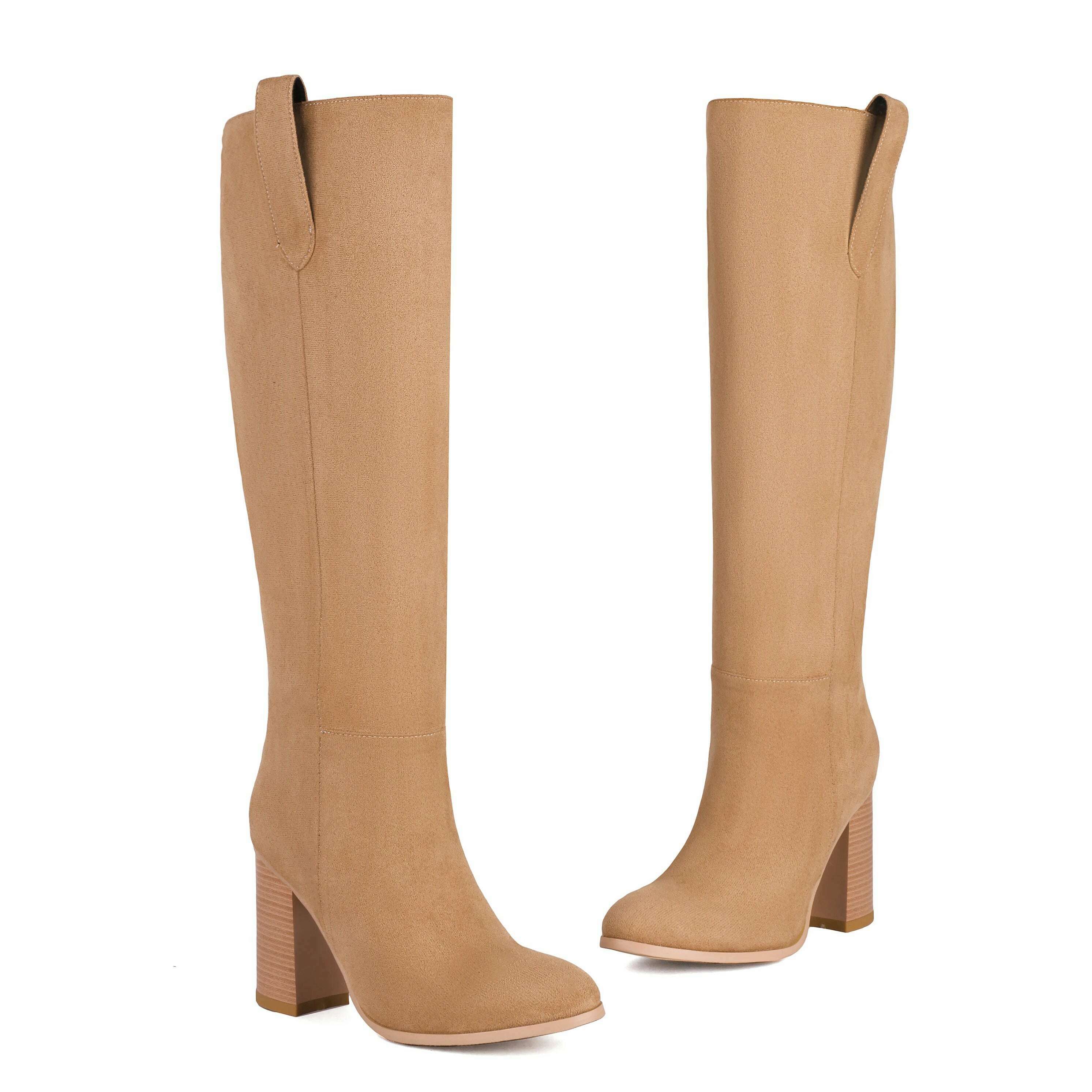 KIMLUD, Suede Leather Nubuck Round Toe Knee High Women Boots High Heels Solid Color Slip On Fashion Concise Elegant Western Female Shoes, khaki / 35, KIMLUD APPAREL - Womens Clothes