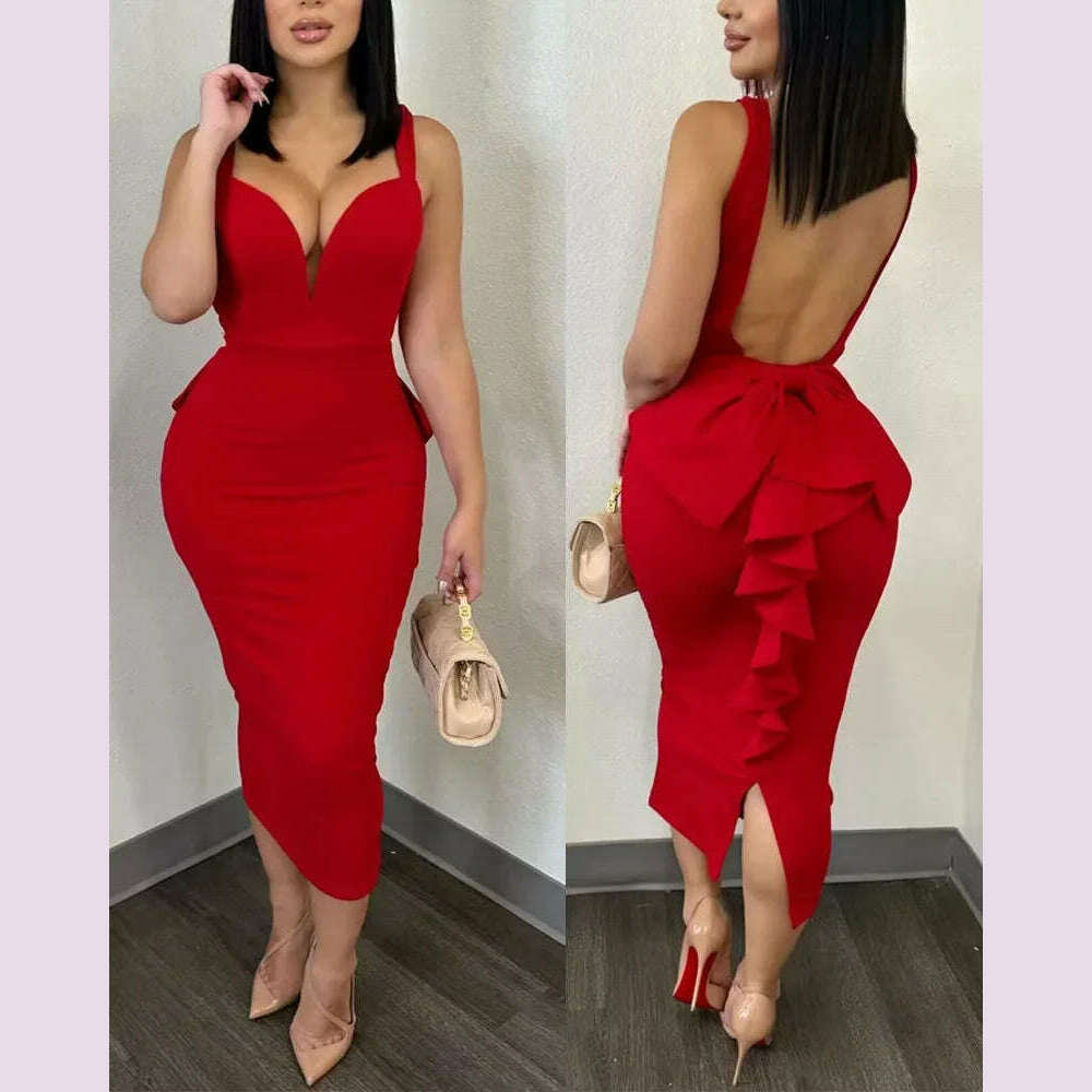 Summer 2024 Vestidos Sexy Party Dresses Women Plunging V-neck Sleeveless Backless Bowknot Ruffles Back Bodycon Midi Dress - KIMLUD